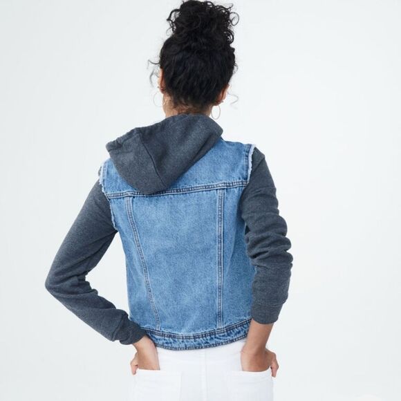 Aeropostale Fleece Hooded Jean Jacket Women's XS Denim Blue/Gray Button Front - Picture 5 of 12